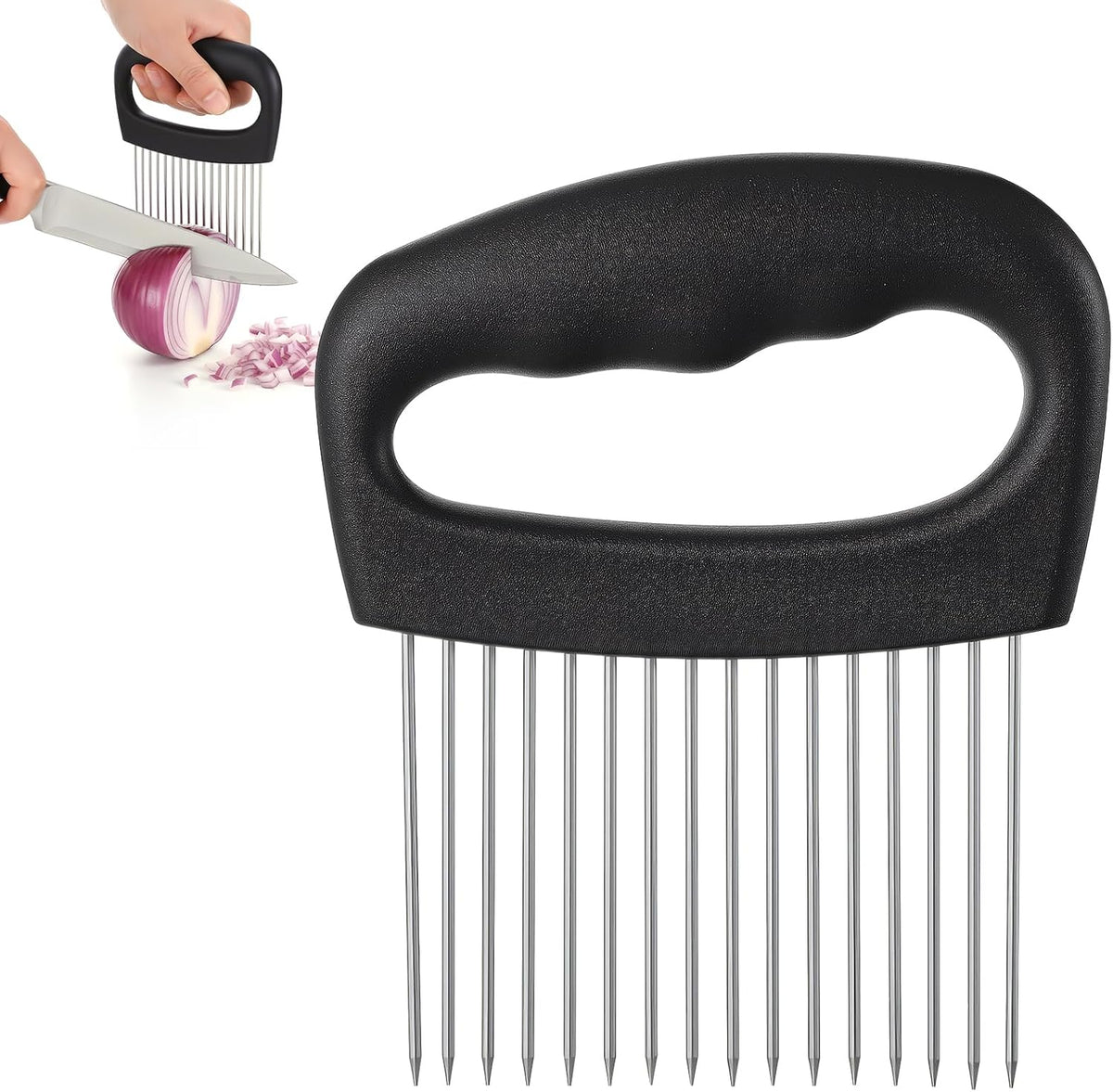 Extra-Large Onion Holder for Slicing Onion Chopper Vegetable Cutter Stainless Steel Tomato Potato Slicer with 16 Long Needles Meat Tenderizer Tool Kitchen Gadget for Potato Lemon Fruit and Meat