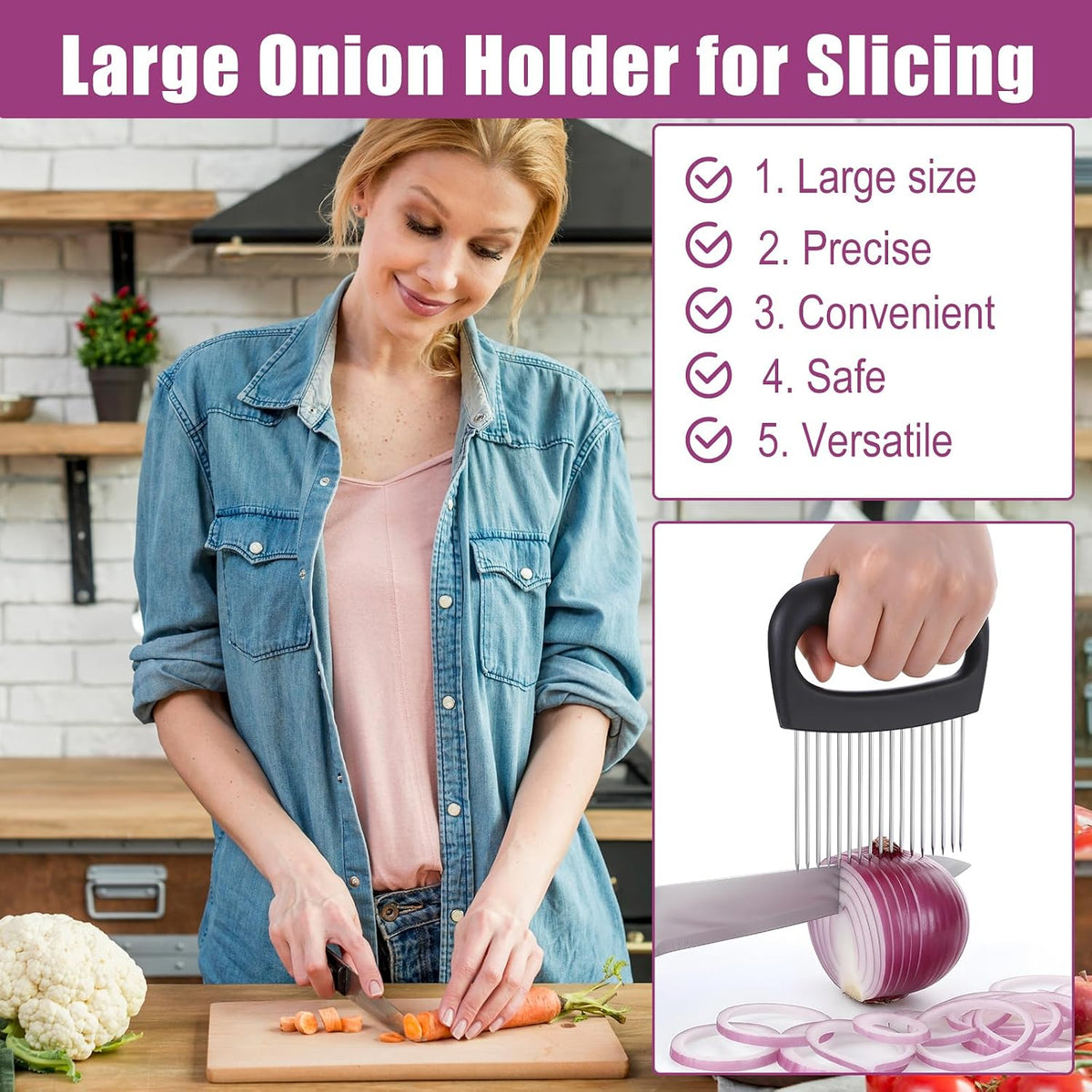 Extra-Large Onion Holder for Slicing Onion Chopper Vegetable Cutter Stainless Steel Tomato Potato Slicer with 16 Long Needles Meat Tenderizer Tool Kitchen Gadget for Potato Lemon Fruit and Meat