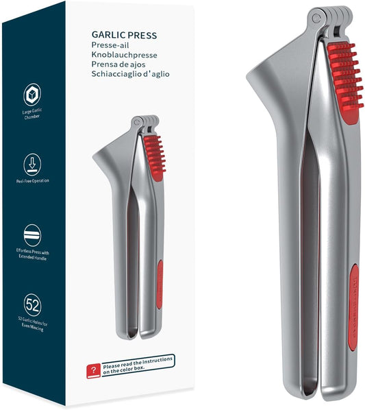 Heavy-duty Garlic Press with Built-in Scraper & Cleaning Pusher, No Peeling Garlic Crusher with Large Chamber, Zinc Alloy Garlic Mincer, Dishwasher Safe