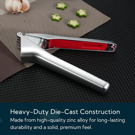 Heavy-duty Garlic Press with Built-in Scraper & Cleaning Pusher, No Peeling Garlic Crusher with Large Chamber, Zinc Alloy Garlic Mincer, Dishwasher Safe