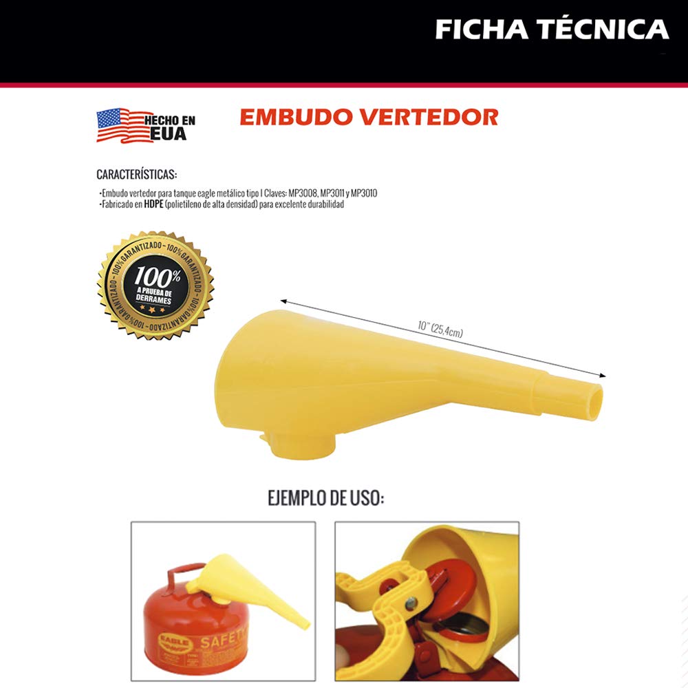 Plastic Funnel for Type I Metal Safety Cans, 5"x 7"x 12" | Made of Chemically Resistant High-Density Polyethylene, Yellow, Made in the USA, F15FUN