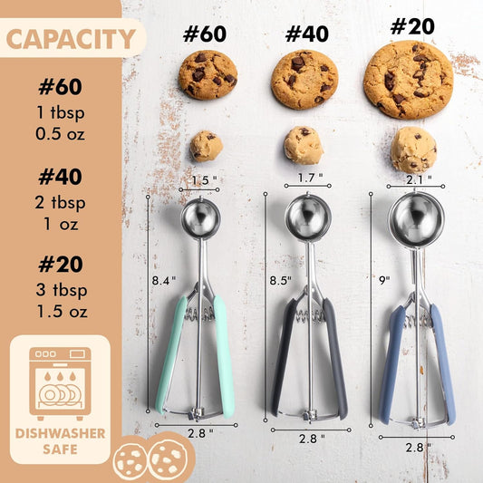 Cookie Scoop set, Cookie Scoops for Baking Set of 3, Size #60/ #40/ #20, Cookie Dough Scoop, Non-Slip Grip, Blue/Black/Mint Handle, For Cookies Muffin Cupcake Meatball Ice Cream