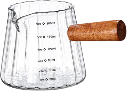 6OZ Wooden Handle Espresso Measuring Cup, Borosilicate Glass Milk Frothing Pitcher with Double Scale & V-Shaped Spout, Dishwasher Safe Coffee Accessories