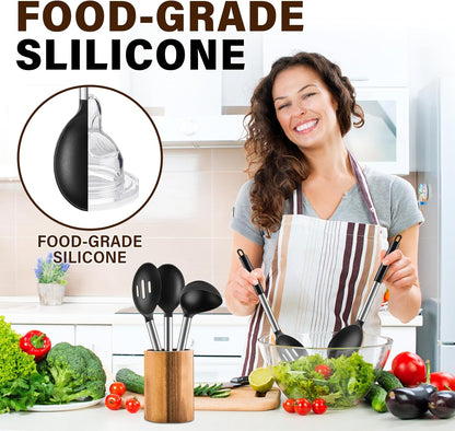 3 Pcs Silicone Cooking Spoon Set, Kitchen Utensils Include Solid & Slotted Spoon, Soup Ladle, Food-Grade Heat Resistant, Non-Scratch Spoons for Serving, Stirring, Draining, Dishwasher Safe, Black