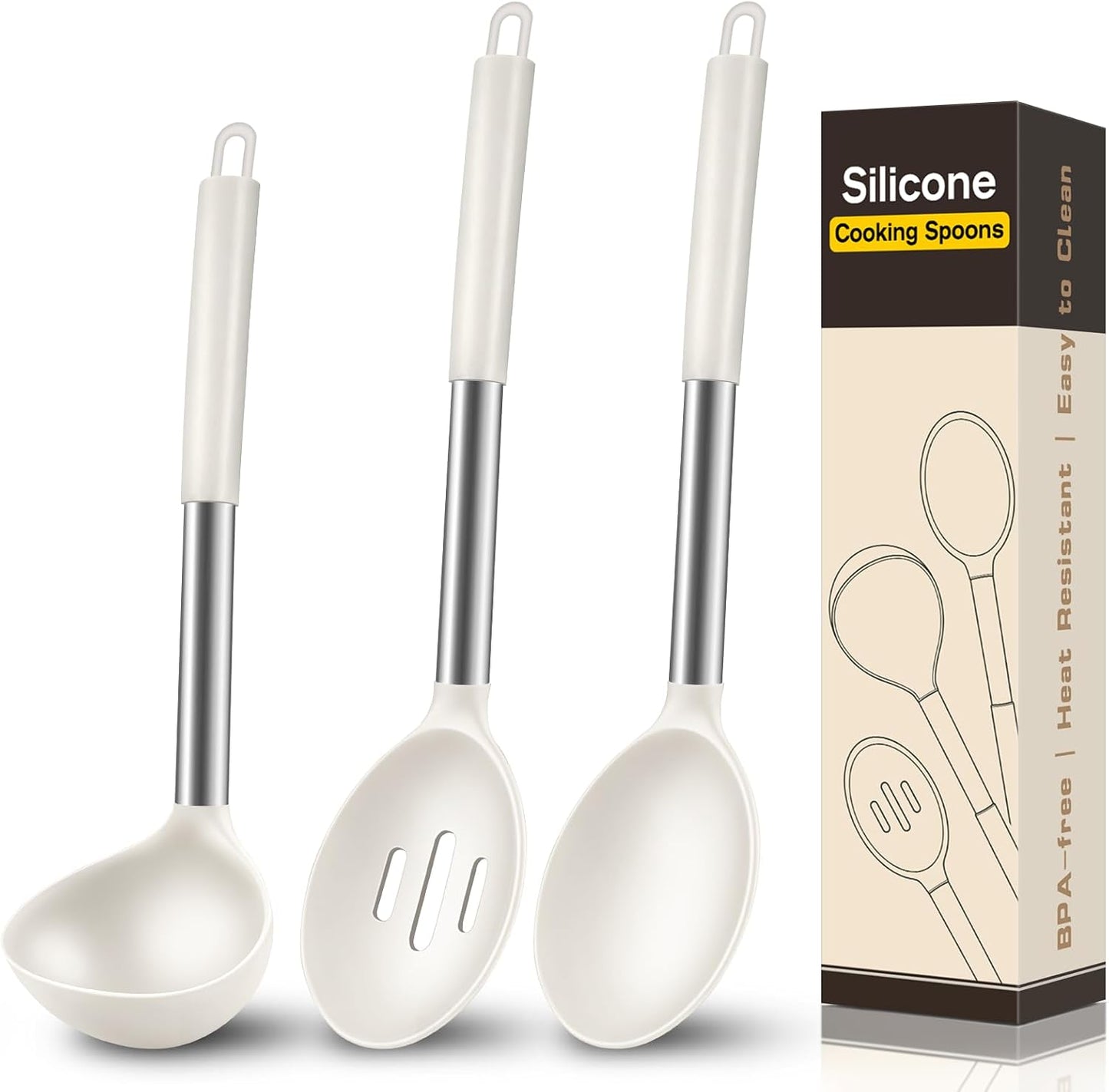 3 Pcs Silicone Cooking Spoon Set, Kitchen Utensils Include Solid & Slotted Spoon, Soup Ladle, Food-Grade Heat Resistant, Non-Scratch Spoons for Serving, Stirring, Draining, Dishwasher Safe, Black