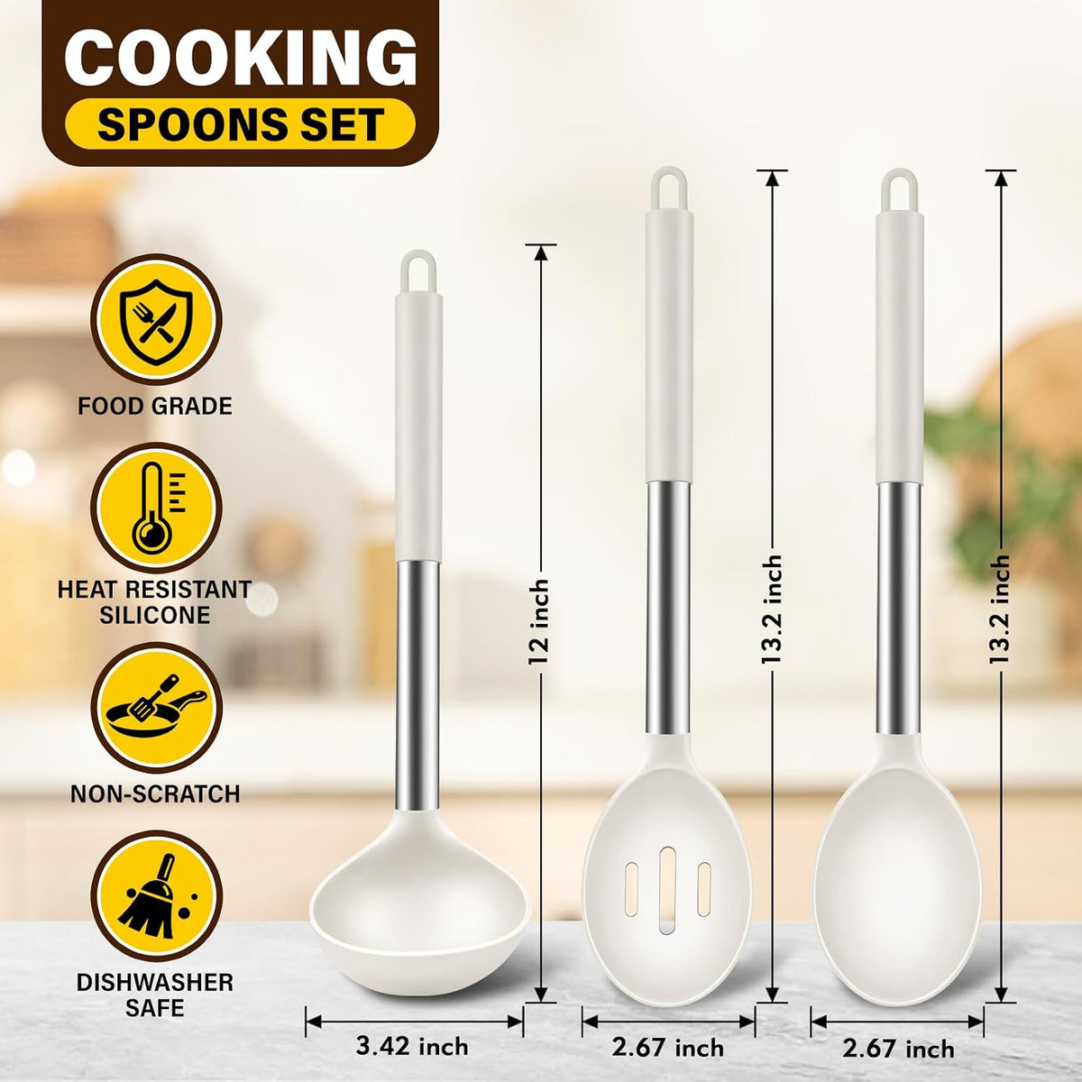 3 Pcs Silicone Cooking Spoon Set, Kitchen Utensils Include Solid & Slotted Spoon, Soup Ladle, Food-Grade Heat Resistant, Non-Scratch Spoons for Serving, Stirring, Draining, Dishwasher Safe, Black