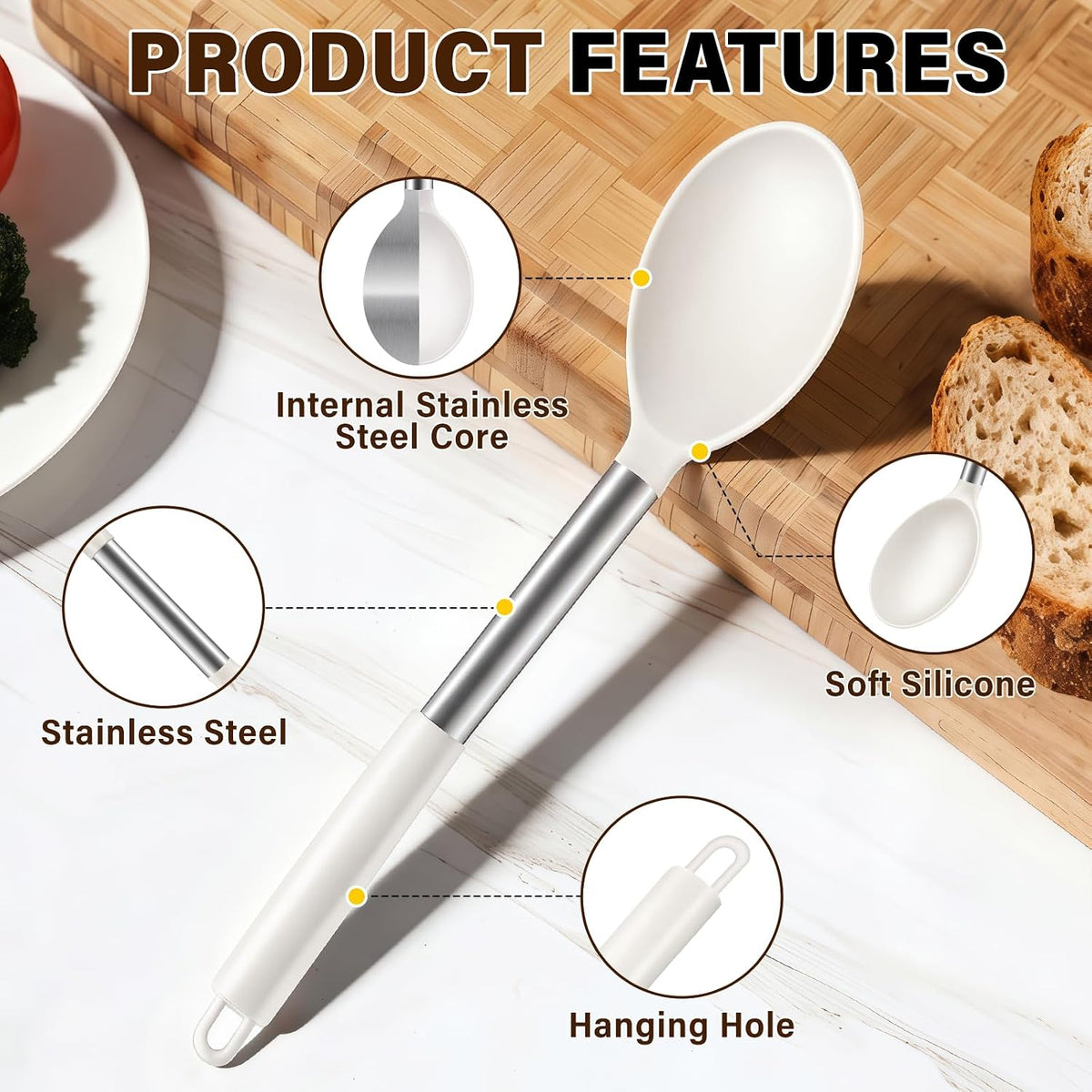 3 Pcs Silicone Cooking Spoon Set, Kitchen Utensils Include Solid & Slotted Spoon, Soup Ladle, Food-Grade Heat Resistant, Non-Scratch Spoons for Serving, Stirring, Draining, Dishwasher Safe, Black