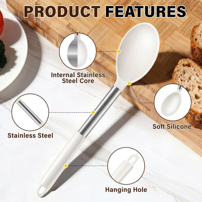 3 Pcs Silicone Cooking Spoon Set, Kitchen Utensils Include Solid & Slotted Spoon, Soup Ladle, Food-Grade Heat Resistant, Non-Scratch Spoons for Serving, Stirring, Draining, Dishwasher Safe, Black