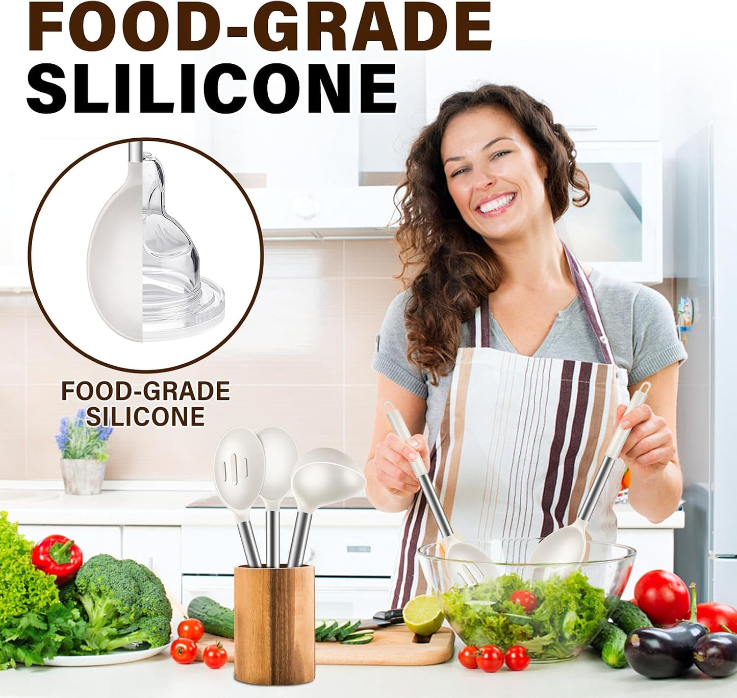 3 Pcs Silicone Cooking Spoon Set, Kitchen Utensils Include Solid & Slotted Spoon, Soup Ladle, Food-Grade Heat Resistant, Non-Scratch Spoons for Serving, Stirring, Draining, Dishwasher Safe, Black