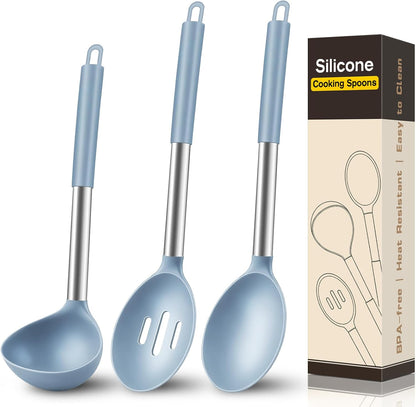 3 Pcs Silicone Cooking Spoon Set, Kitchen Utensils Include Solid & Slotted Spoon, Soup Ladle, Food-Grade Heat Resistant, Non-Scratch Spoons for Serving, Stirring, Draining, Dishwasher Safe, Black
