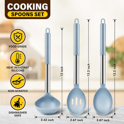 3 Pcs Silicone Cooking Spoon Set, Kitchen Utensils Include Solid & Slotted Spoon, Soup Ladle, Food-Grade Heat Resistant, Non-Scratch Spoons for Serving, Stirring, Draining, Dishwasher Safe, Black