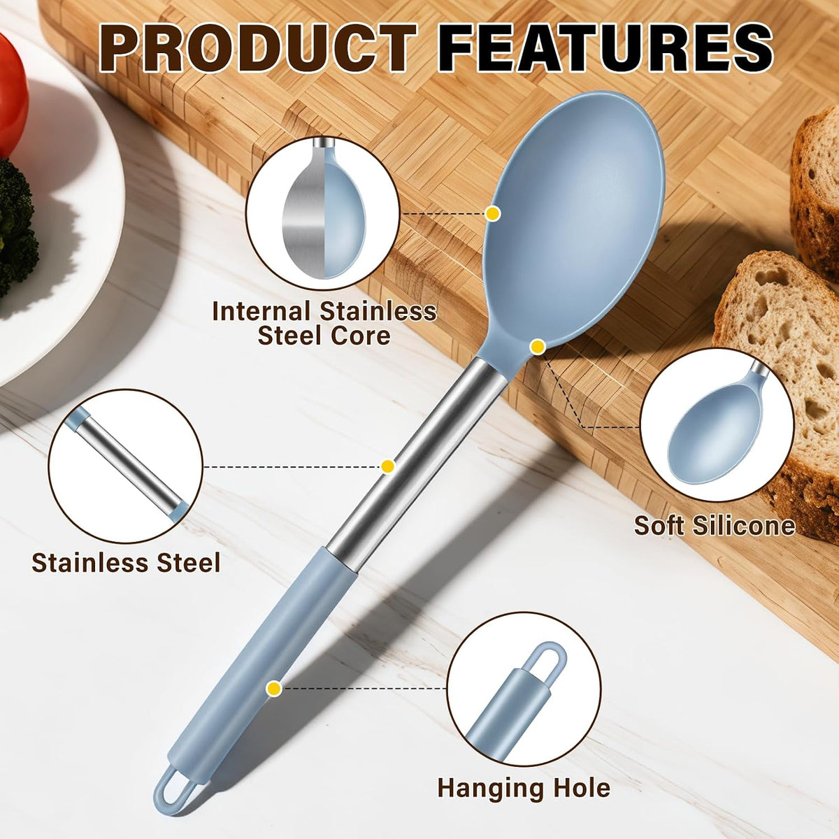 3 Pcs Silicone Cooking Spoon Set, Kitchen Utensils Include Solid & Slotted Spoon, Soup Ladle, Food-Grade Heat Resistant, Non-Scratch Spoons for Serving, Stirring, Draining, Dishwasher Safe, Black