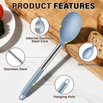 3 Pcs Silicone Cooking Spoon Set, Kitchen Utensils Include Solid & Slotted Spoon, Soup Ladle, Food-Grade Heat Resistant, Non-Scratch Spoons for Serving, Stirring, Draining, Dishwasher Safe, Black