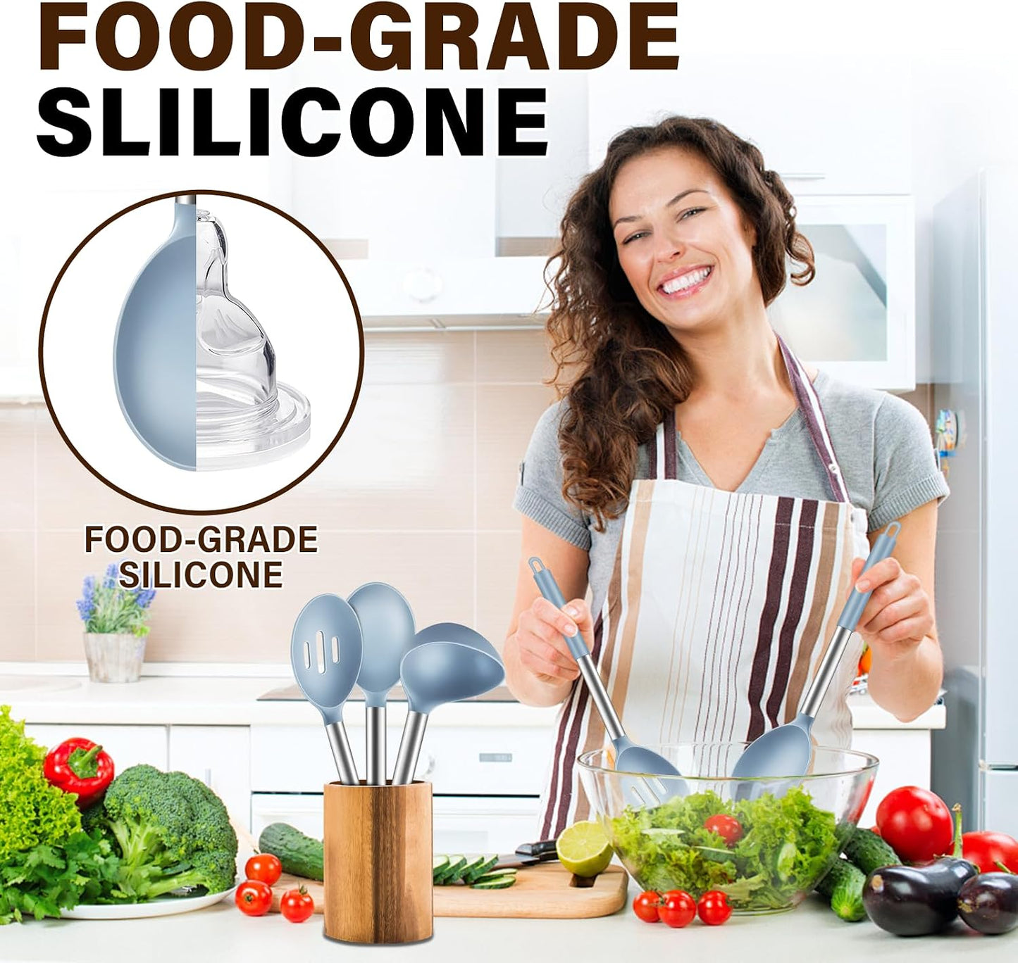 3 Pcs Silicone Cooking Spoon Set, Kitchen Utensils Include Solid & Slotted Spoon, Soup Ladle, Food-Grade Heat Resistant, Non-Scratch Spoons for Serving, Stirring, Draining, Dishwasher Safe, Black