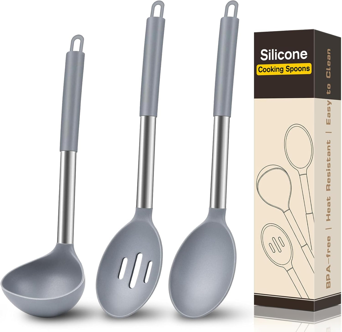 3 Pcs Silicone Cooking Spoon Set, Kitchen Utensils Include Solid & Slotted Spoon, Soup Ladle, Food-Grade Heat Resistant, Non-Scratch Spoons for Serving, Stirring, Draining, Dishwasher Safe, Black