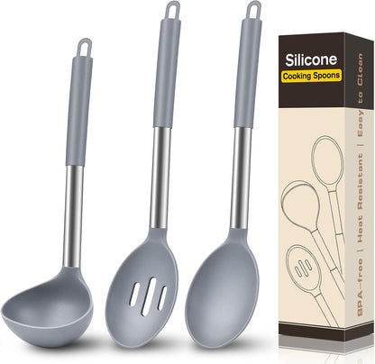 3 Pcs Silicone Cooking Spoon Set, Kitchen Utensils Include Solid & Slotted Spoon, Soup Ladle, Food-Grade Heat Resistant, Non-Scratch Spoons for Serving, Stirring, Draining, Dishwasher Safe, Black