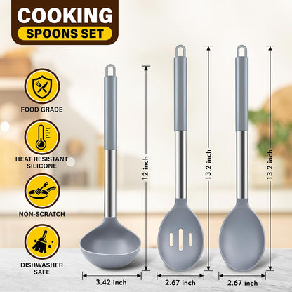 3 Pcs Silicone Cooking Spoon Set, Kitchen Utensils Include Solid & Slotted Spoon, Soup Ladle, Food-Grade Heat Resistant, Non-Scratch Spoons for Serving, Stirring, Draining, Dishwasher Safe, Black