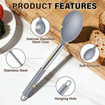 3 Pcs Silicone Cooking Spoon Set, Kitchen Utensils Include Solid & Slotted Spoon, Soup Ladle, Food-Grade Heat Resistant, Non-Scratch Spoons for Serving, Stirring, Draining, Dishwasher Safe, Black
