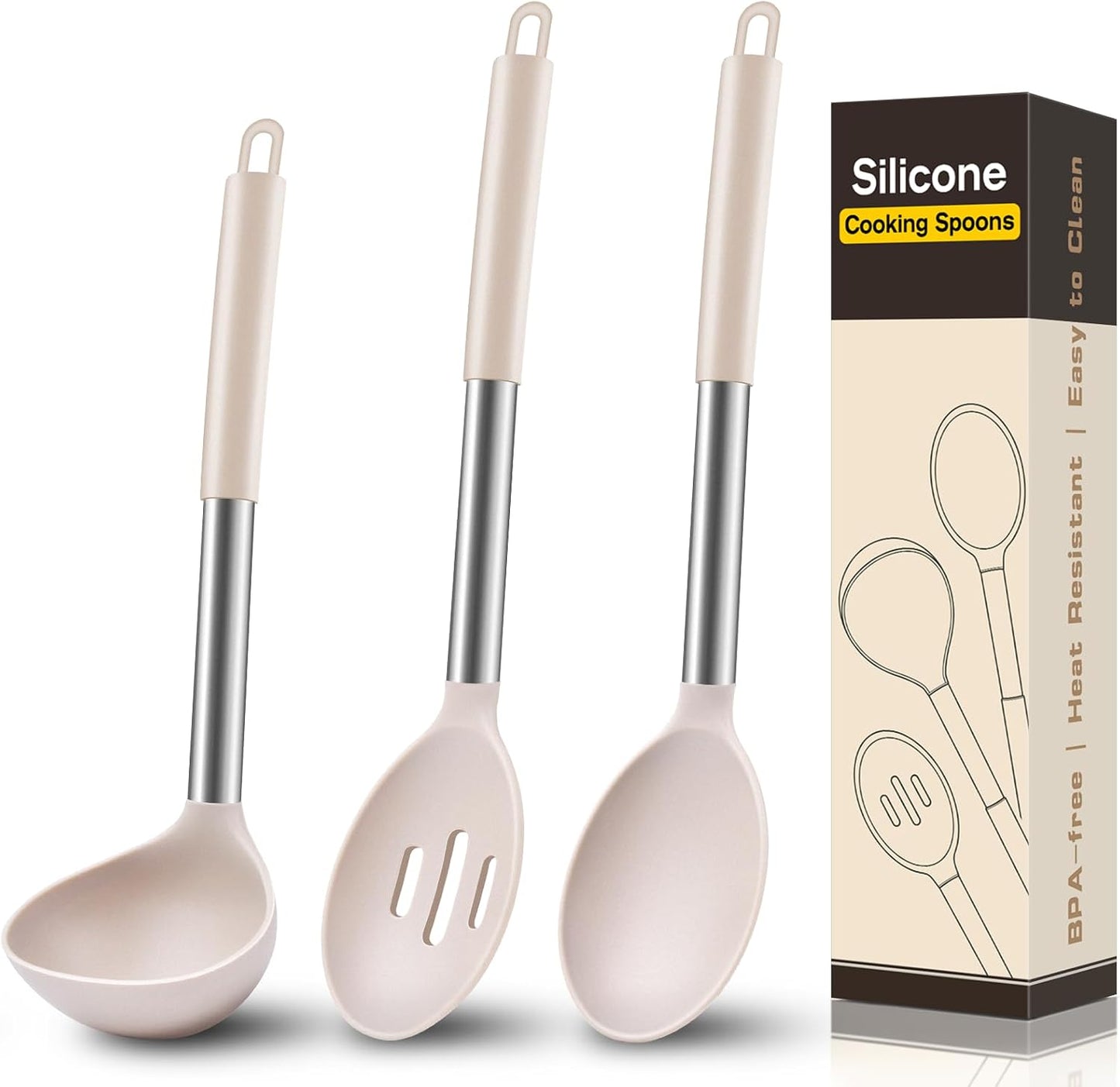 3 Pcs Silicone Cooking Spoon Set, Kitchen Utensils Include Solid & Slotted Spoon, Soup Ladle, Food-Grade Heat Resistant, Non-Scratch Spoons for Serving, Stirring, Draining, Dishwasher Safe, Black