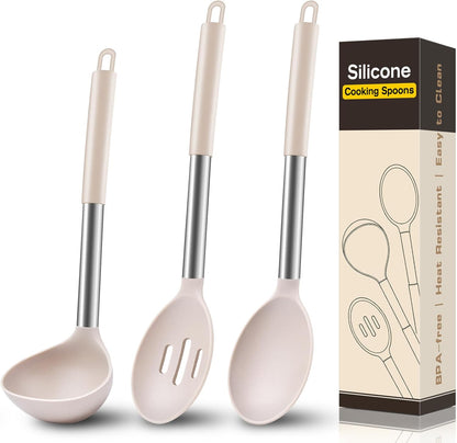 3 Pcs Silicone Cooking Spoon Set, Kitchen Utensils Include Solid & Slotted Spoon, Soup Ladle, Food-Grade Heat Resistant, Non-Scratch Spoons for Serving, Stirring, Draining, Dishwasher Safe, Black
