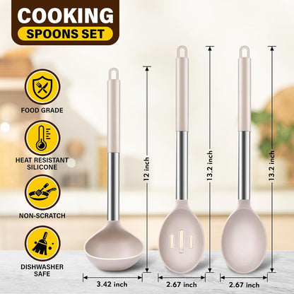 3 Pcs Silicone Cooking Spoon Set, Kitchen Utensils Include Solid & Slotted Spoon, Soup Ladle, Food-Grade Heat Resistant, Non-Scratch Spoons for Serving, Stirring, Draining, Dishwasher Safe, Black