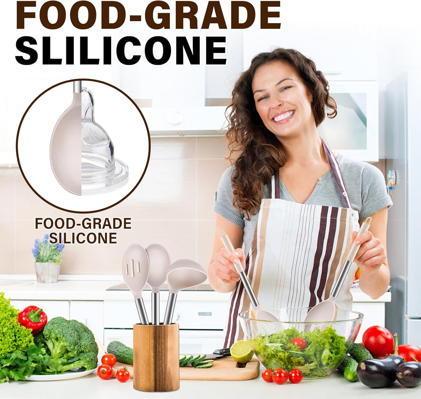 3 Pcs Silicone Cooking Spoon Set, Kitchen Utensils Include Solid & Slotted Spoon, Soup Ladle, Food-Grade Heat Resistant, Non-Scratch Spoons for Serving, Stirring, Draining, Dishwasher Safe, Black