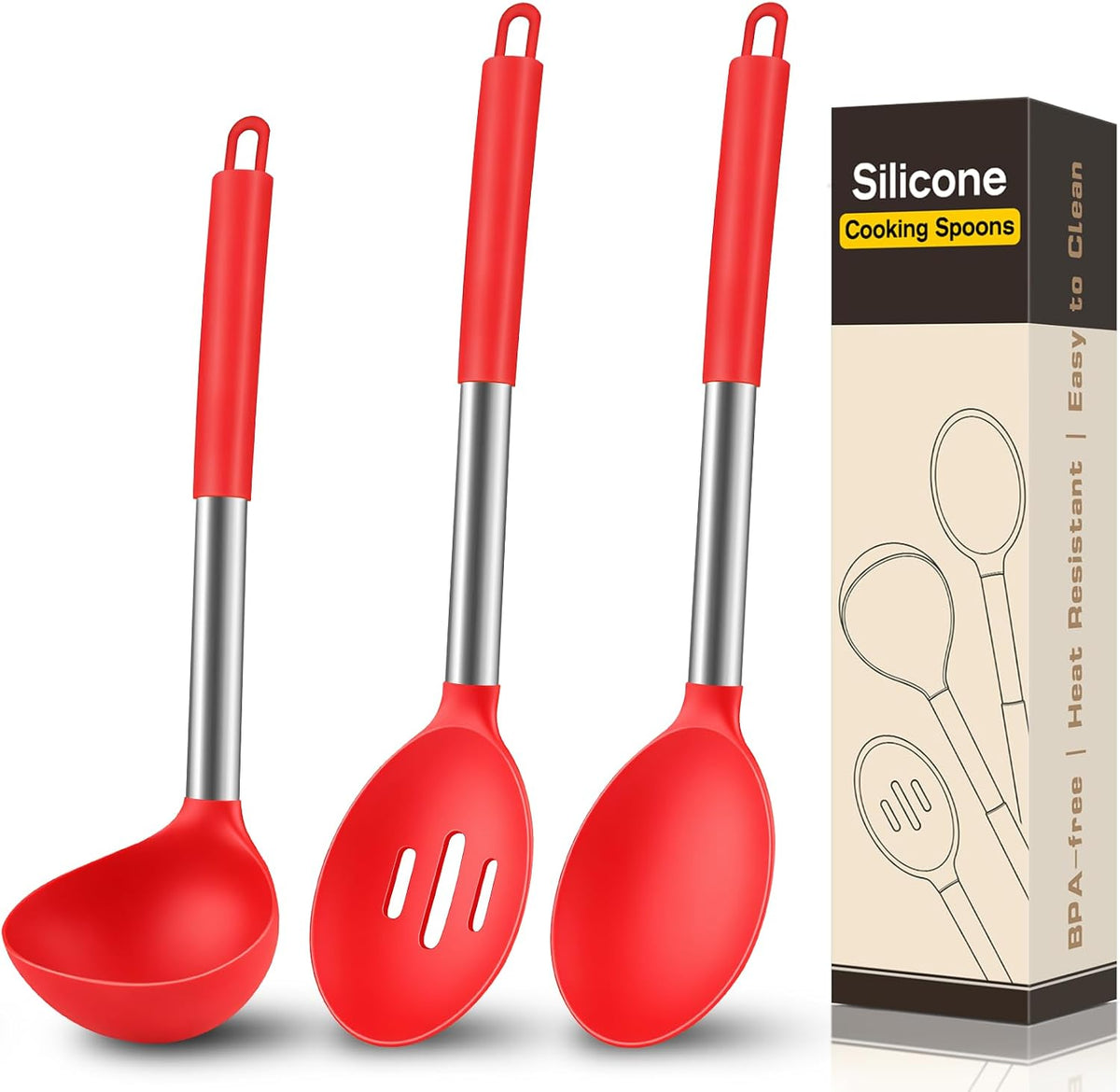 3 Pcs Silicone Cooking Spoon Set, Kitchen Utensils Include Solid & Slotted Spoon, Soup Ladle, Food-Grade Heat Resistant, Non-Scratch Spoons for Serving, Stirring, Draining, Dishwasher Safe, Black