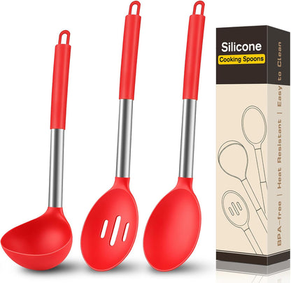 3 Pcs Silicone Cooking Spoon Set, Kitchen Utensils Include Solid & Slotted Spoon, Soup Ladle, Food-Grade Heat Resistant, Non-Scratch Spoons for Serving, Stirring, Draining, Dishwasher Safe, Black