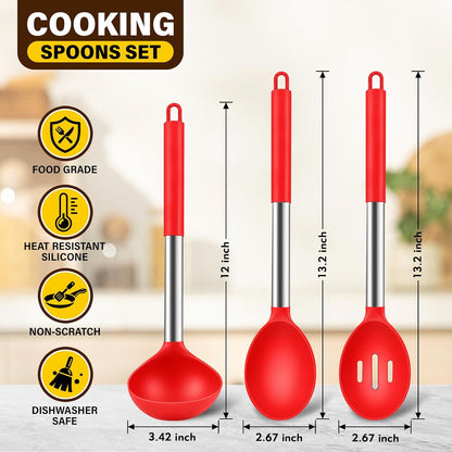 3 Pcs Silicone Cooking Spoon Set, Kitchen Utensils Include Solid & Slotted Spoon, Soup Ladle, Food-Grade Heat Resistant, Non-Scratch Spoons for Serving, Stirring, Draining, Dishwasher Safe, Black