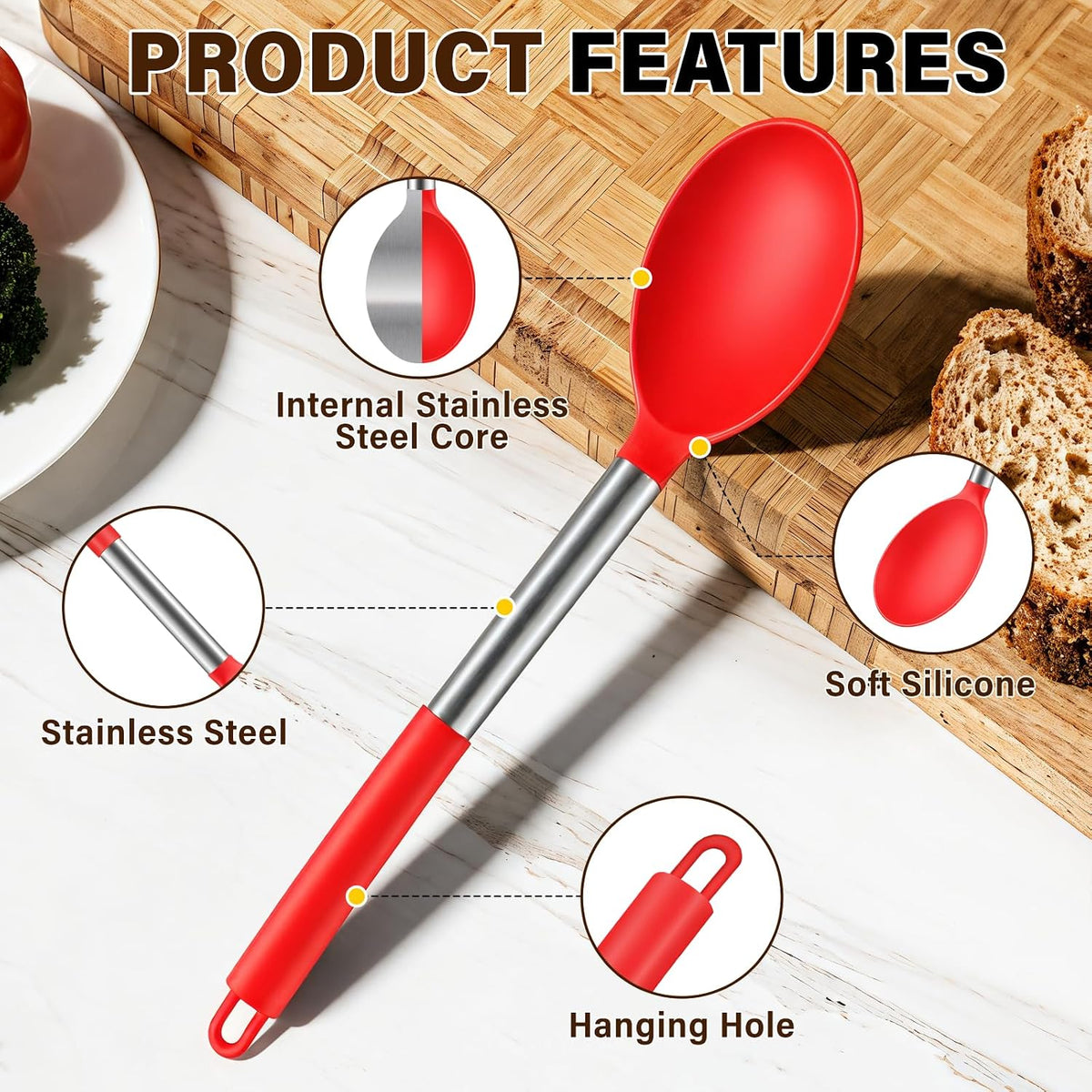 3 Pcs Silicone Cooking Spoon Set, Kitchen Utensils Include Solid & Slotted Spoon, Soup Ladle, Food-Grade Heat Resistant, Non-Scratch Spoons for Serving, Stirring, Draining, Dishwasher Safe, Black