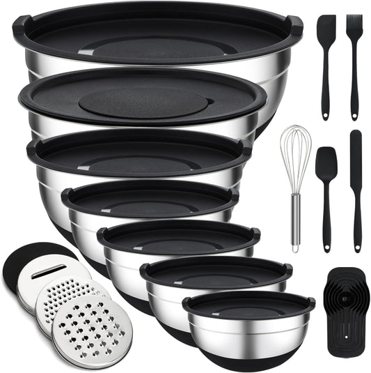 Mixing Bowls with Lids Set - 7 Pcs Stainless Steel Mixing Bowls Non-Slip Silicone Base Mixing Bowl Set for Kitchen with 3 Grater Attachments