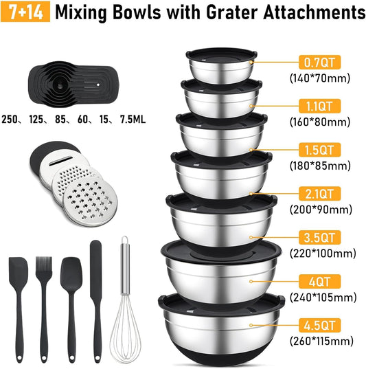 Mixing Bowls with Lids Set - 7 Pcs Stainless Steel Mixing Bowls Non-Slip Silicone Base Mixing Bowl Set for Kitchen with 3 Grater Attachments