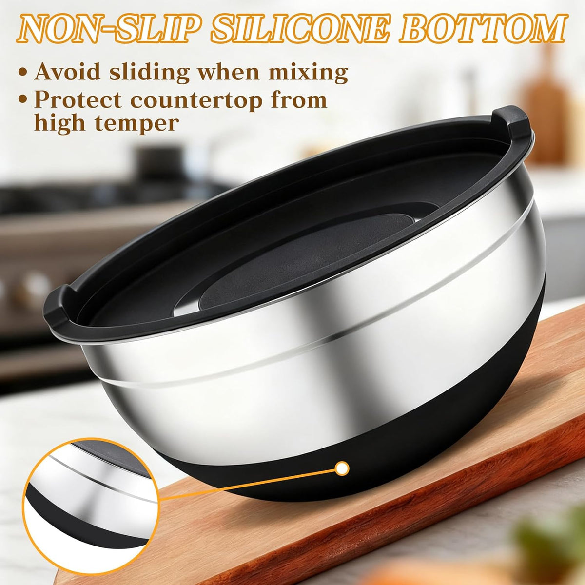 Mixing Bowls with Lids Set - 7 Pcs Stainless Steel Mixing Bowls Non-Slip Silicone Base Mixing Bowl Set for Kitchen with 3 Grater Attachments