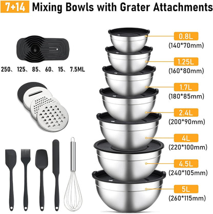 Mixing Bowls with Lids Set - 7 Pcs Stainless Steel Mixing Bowls Non-Slip Silicone Base Mixing Bowl Set for Kitchen with 3 Grater Attachments