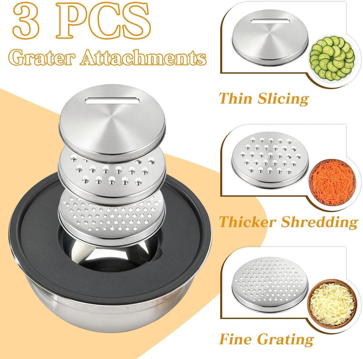 Mixing Bowls with Lids Set - 7 Pcs Stainless Steel Mixing Bowls Non-Slip Silicone Base Mixing Bowl Set for Kitchen with 3 Grater Attachments
