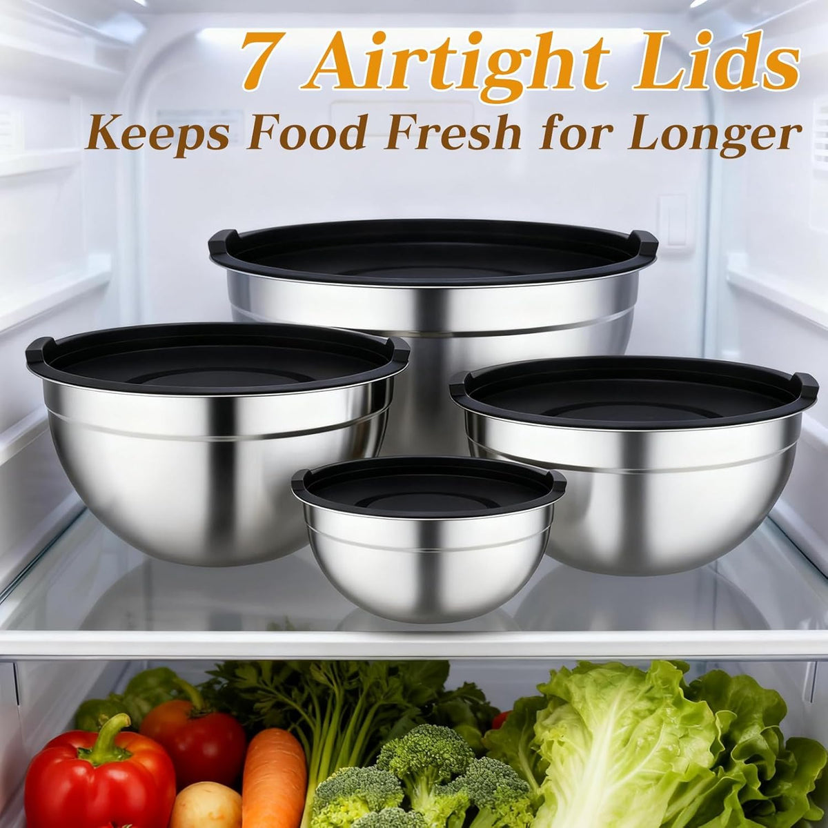 Mixing Bowls with Lids Set - 7 Pcs Stainless Steel Mixing Bowls Non-Slip Silicone Base Mixing Bowl Set for Kitchen with 3 Grater Attachments