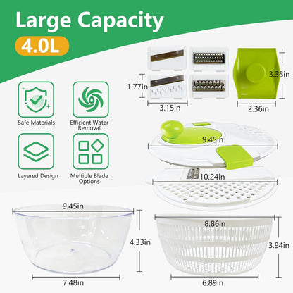 Salad Spinner Large,Vegetables Fruits Wash Bowl, Lettuce Spinner with 4 Blades Slicer,Salad Dryer for Washing