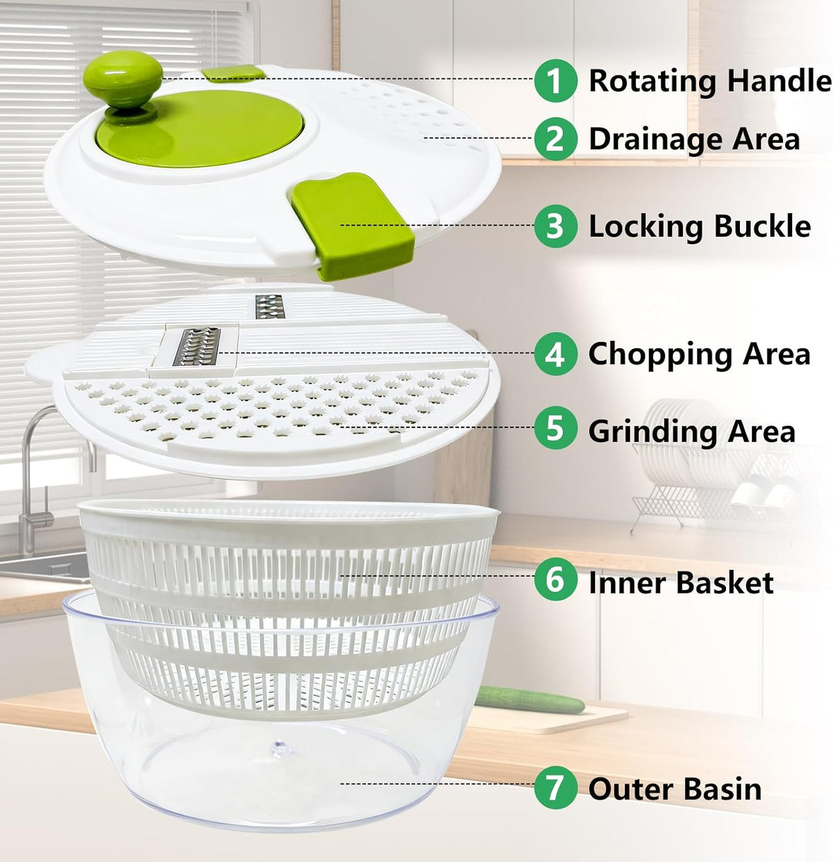 Salad Spinner Large,Vegetables Fruits Wash Bowl, Lettuce Spinner with 4 Blades Slicer,Salad Dryer for Washing