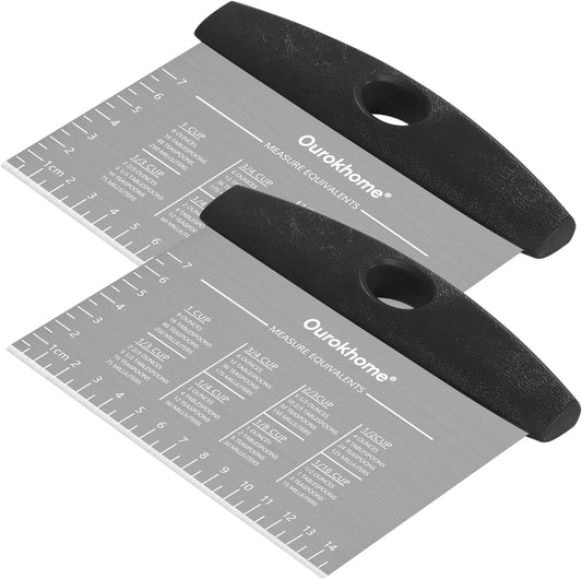 2 Pack Bench Scraper Dough Cutter, Stainless Steel Dough Scraper with Laser-Etched Scale, Conversion Chart, Non-Slip Handle, Dishwasher Safe for Bread & Pastry, Black