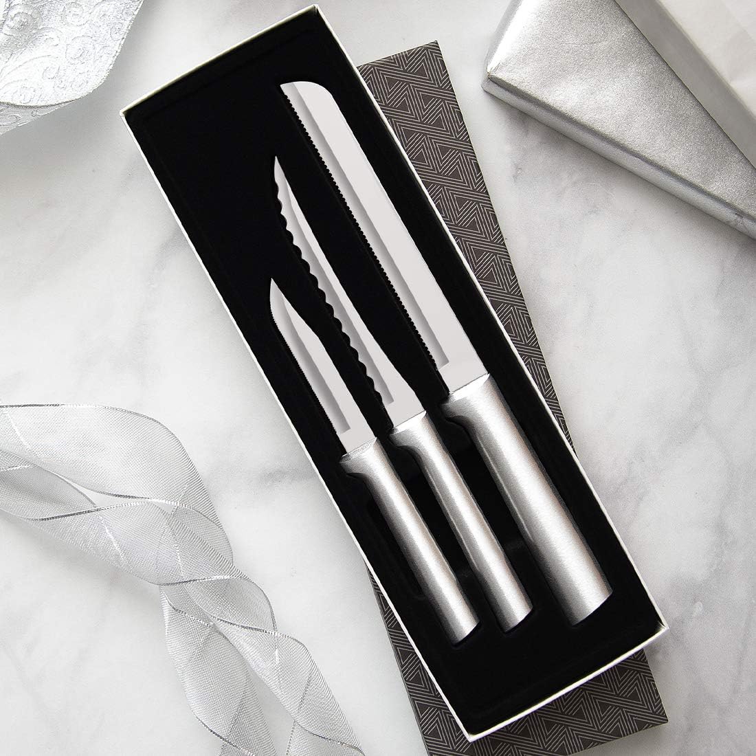 Sensational Serrations Gift Set (S54), Silver Handle | 3-Piece Knife Set , Stainless Steel Blade, Silver Cast Aluminum Handle