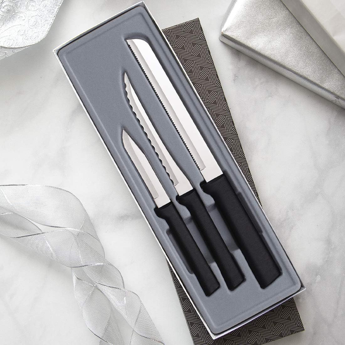 Sensational Serrations Gift Set (S54), Silver Handle | 3-Piece Knife Set , Stainless Steel Blade, Silver Cast Aluminum Handle