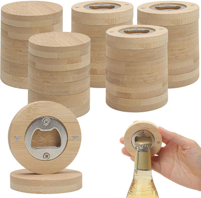30pcs Bamboo Bottle Opener, Wood Bulk Wooden Openers, Fridge Magnet Round Beer Opener, 2.6" Magnetic Sticker for DIY Bar Decoration Refrigerator Coaster Gift Guest Lover Wedding Kitchens Home Parties