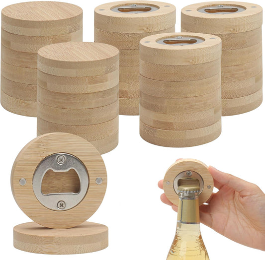 30pcs Bamboo Bottle Opener, Wood Bulk Wooden Openers, Fridge Magnet Round Beer Opener, 2.6" Magnetic Sticker for DIY Bar Decoration Refrigerator Coaster Gift Guest Lover Wedding Kitchens Home Parties