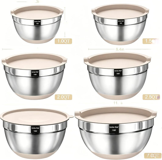 Mixing Bowls with Airtight Lids Set, 26PCS Stainless Steel Khaki Bowls with Grater Attachments, Non-Slip Bottoms & Kitchen Gadgets Set, Size 7, 4, 2.5, 2.0,1.5, 1QT, Great for Mixing & Serving