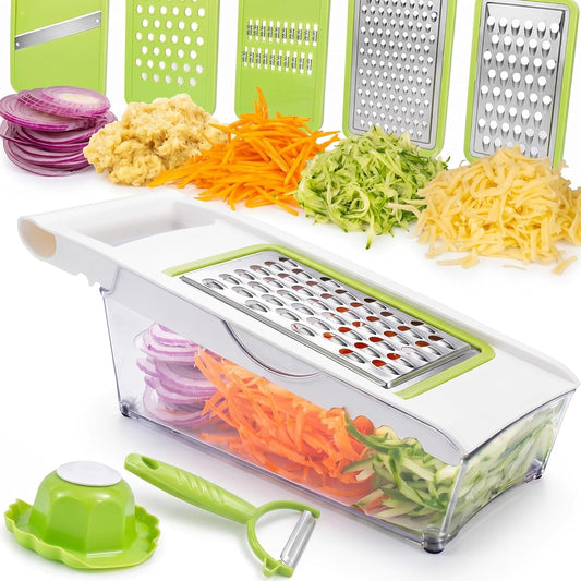 Cheese Grater with Container,5 In 1 Mandoline Slicer for Kitchen,Multi Purpose Vegetable Slicer, Easy to Clean Vegetable Chopper,Cheese Shredder,Julienne Slicer and Peeler