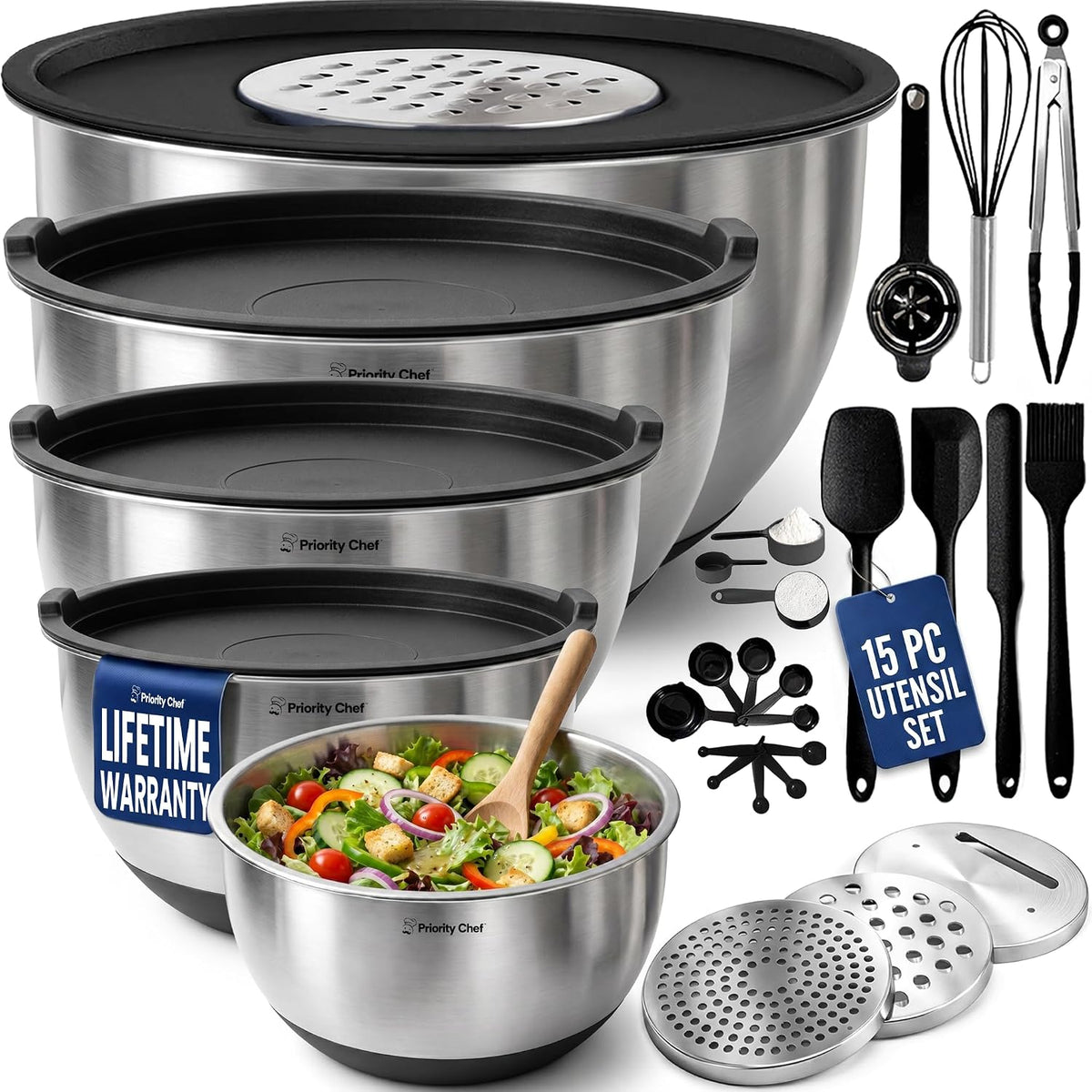 28pc Stainless Steel Mixing Bowls with Lids Set, 1.5-5 Qt, Black