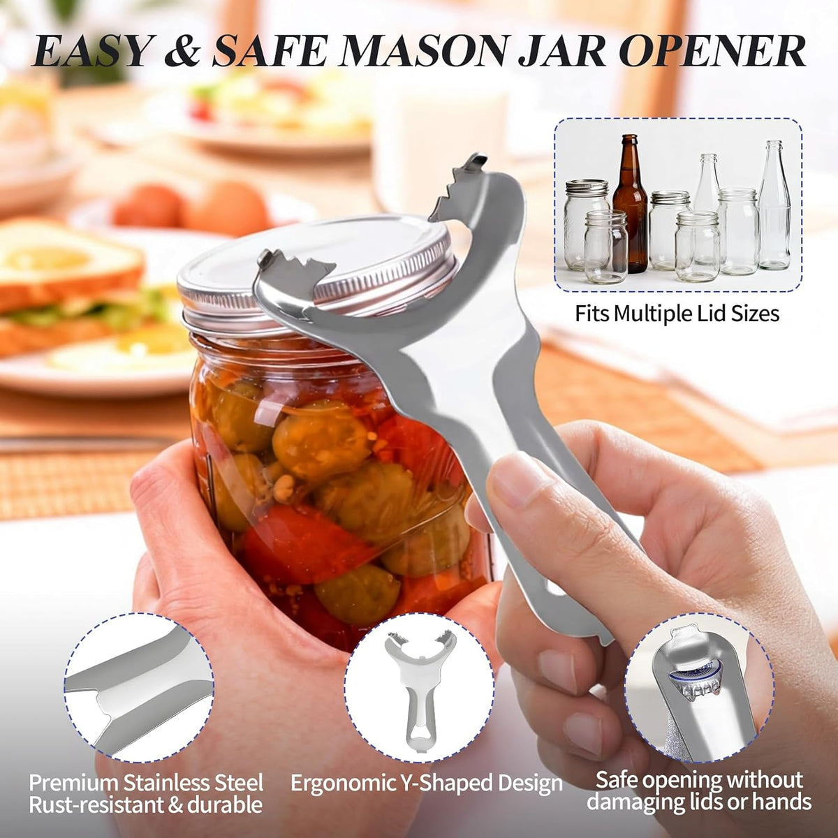 Mason Jar Opener, Multi-Functional Stainless Steel Lid Remover Without Lid Dents or Damage, Canning Jar Opener Tool for Mason Jars, Bottles & Cans, Ergonomic Design for Easy Use by All Ages