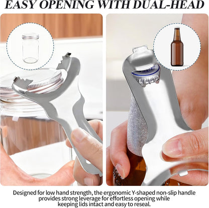 Mason Jar Opener, Multi-Functional Stainless Steel Lid Remover Without Lid Dents or Damage, Canning Jar Opener Tool for Mason Jars, Bottles & Cans, Ergonomic Design for Easy Use by All Ages