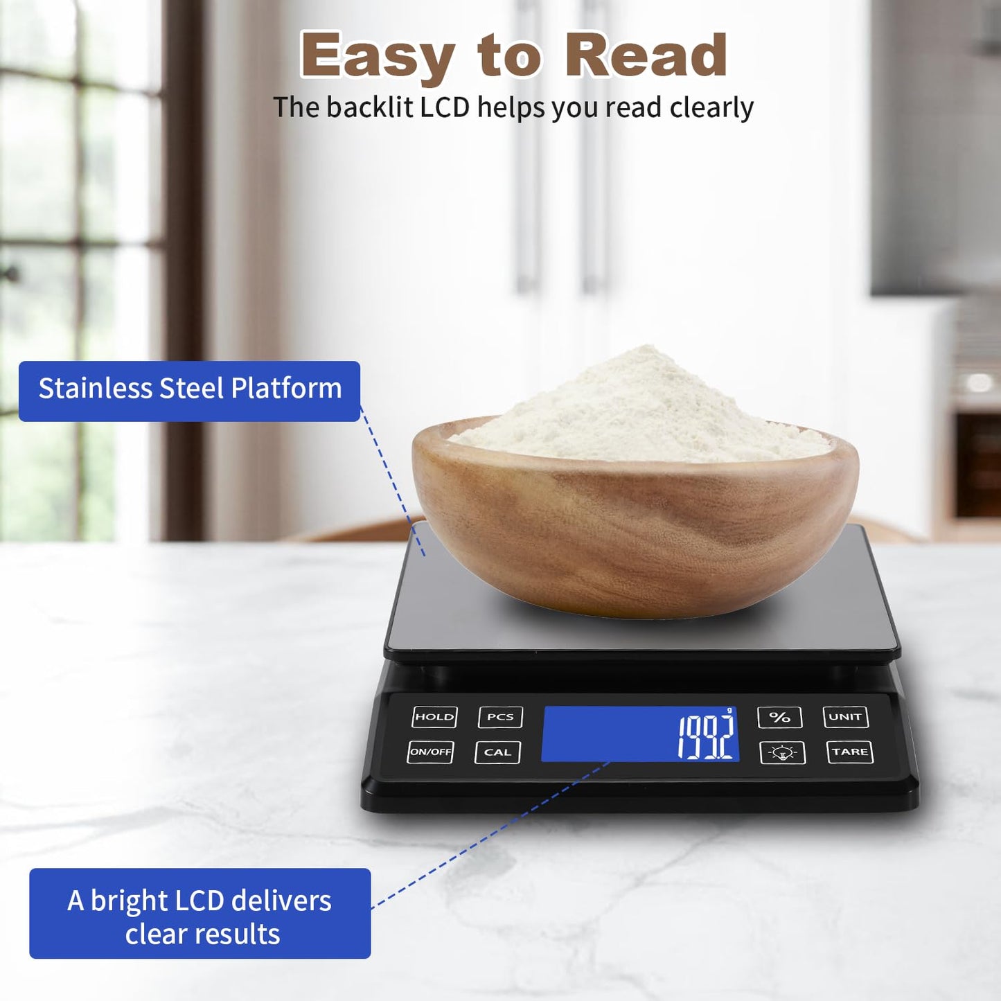 Digital Kitchen Scale with 0.1g/0.001oz High Precision, 5kg/11lb Food Bakery Scale with% Percentage Function, Tare Function, USB Rechargeable or AAA Battery Power, Stainless Steel Pan