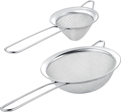 Set of 2 Stainless Steel Mesh Strainers for Kitchen - 5.5 inch Round Fine Mesh Strainer & 3.4 inch Conical Strainer Fine Mesh - Ideal to Sieve Pasta Noodles, Quinoa, Tea, Coffee, Juices, Flour